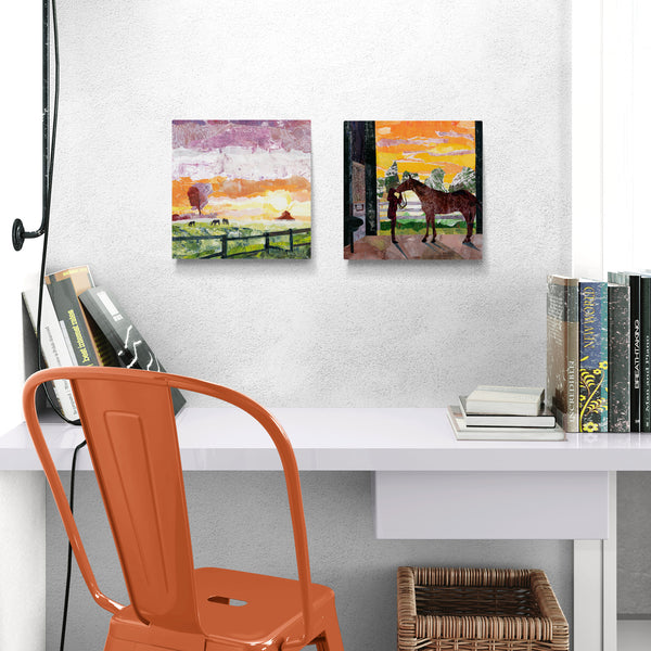 Wooden Cradle Art Panel - 12x12" FIELD OF DREAMS - The quiet morning of horses in a field