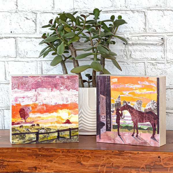 Wooden Cradle Art Panel - FIELD OF DREAMS - The quiet morning of horses in a field