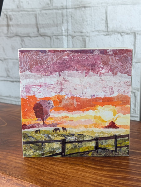 Wooden Cradle Art Panel - FIELD OF DREAMS - The quiet morning of horses in a field