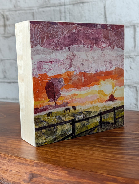 Wooden Cradle Art Panel - FIELD OF DREAMS - The quiet morning of horses in a field