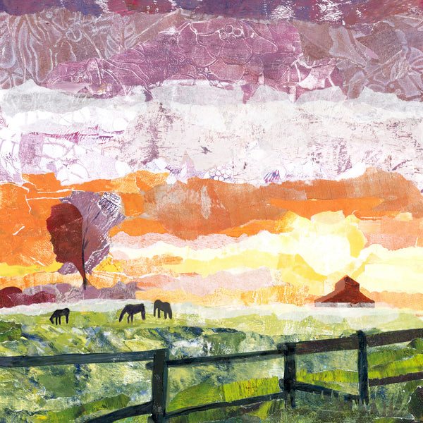 Wooden Cradle Art Panel - FIELD OF DREAMS - The quiet morning of horses in a field