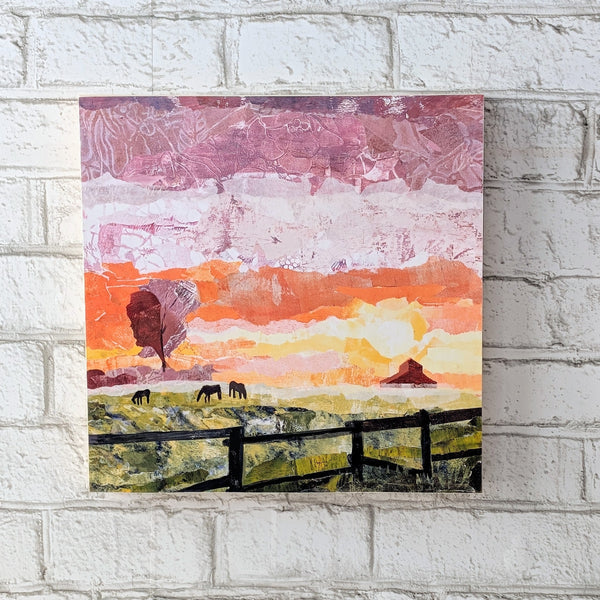 Wooden Cradle Art Panel - 12x12" FIELD OF DREAMS - The quiet morning of horses in a field